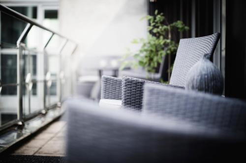 a close up of a couch in a living room at Freys Hotel in Stockholm