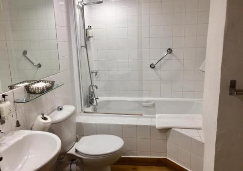 uma casa de banho com um WC, uma banheira e um lavatório. em Seven Stars em Ledbury