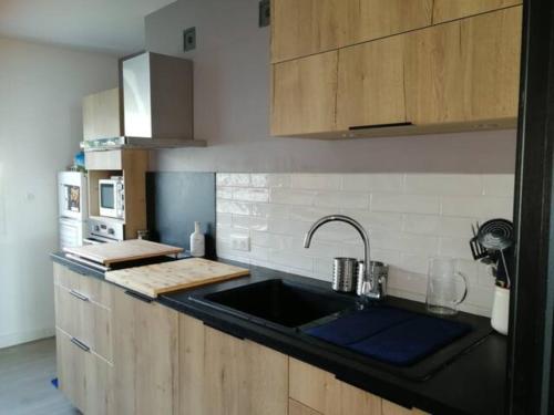 une cuisine avec un évier et un plan de travail dans l'établissement Centre ville avec vue magnifique sur le golfe d'Ajaccio; parking privé., à Ajaccio