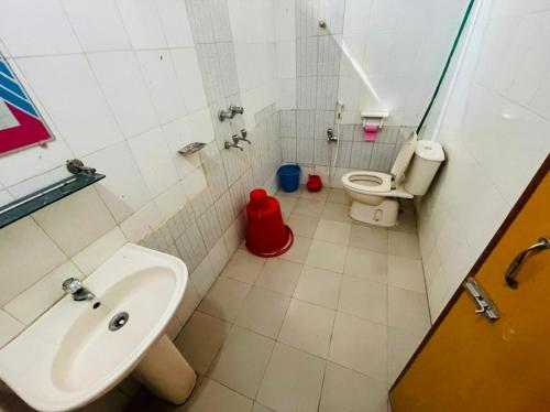 a bathroom with a sink and a toilet at Hotel Green Land in Bāndarban