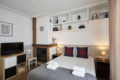 a bedroom with a bed and a tv and a fireplace at Casa SaMARa in Alicante