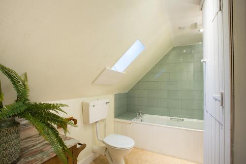 a bathroom with a toilet and a bath tub and a window at The Mains in Elgin