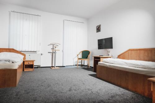 - une chambre avec 2 lits, un bureau et une télévision dans l'établissement Colatransport, à Brno