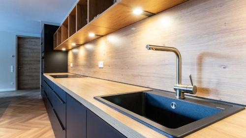 a kitchen with a sink and a counter top at UplandParcs Silvretta in Schruns