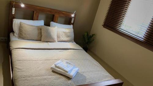 Un dormitorio con una cama con una toalla encima. en Spanish Water View Apartment C1, en Willemstad