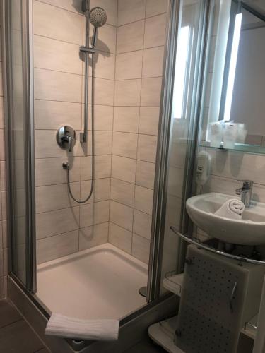 a bathroom with a shower and a sink at Einraumapartment mit Seeblickbalkon in Rheinsberg