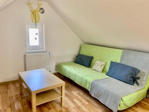 ein Wohnzimmer mit einem grünen Sofa und einem Tisch in der Unterkunft Siedlisko Glinnik in Glinnik