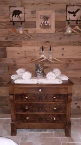La salle de bains est pourvue d'un mur en bois et d'un lavabo. dans l'établissement Calme et sérénité - établissement classé, à Sixt-Fer-à-Cheval