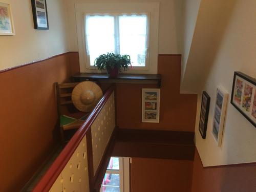 a staircase with a window and a plant on a shelf at Haus Silberdistel in Todtmoos