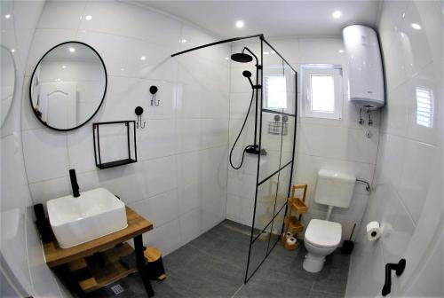a bathroom with a shower and a sink and a toilet at Apartman “Tica” in Baška Voda