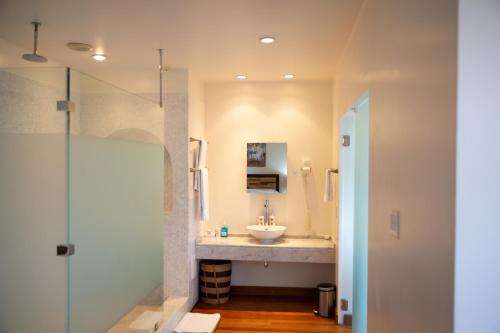 a bathroom with a sink and a shower at Luxury 3-Bed Villa St James near Beach & Gym in Saint James