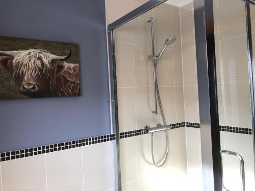 a bathroom with a painting of a cow next to a shower at Strath View on the NC 500 in Culbokie