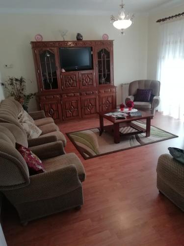 a living room with two couches and a tv at Hospedaria Nunes Pinto in Termas de Sao Pedro do Sul