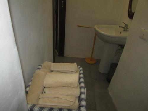 a small bathroom with a sink and towels on the floor at La Terrazza Mombarone in Asti