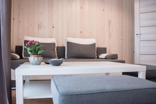 uma sala de estar com um sofá e uma mesa de café branca em Sila terases em Madona
