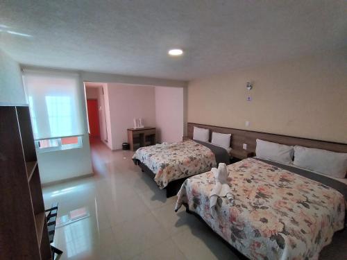 a hotel room with two beds and a window at HOTEL SAN JOSE in San Martín Texmelucan de Labastida
