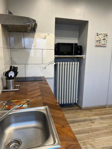 eine Küche mit einer Spüle und einer Mikrowelle in der Unterkunft L’ÉMERAUDE 3 in Châlons-en-Champagne