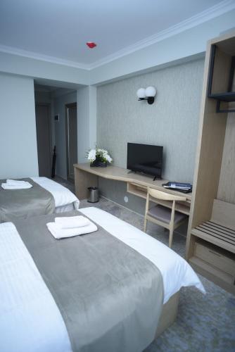 a hotel room with two beds and a desk with a television at Onyx in Eşelniţa