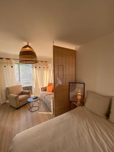 1 dormitorio con 1 cama y sala de estar con sofá en Studio bohème - Centre - Proche gare en Mulhouse