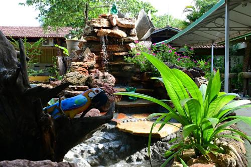 a water feature with a parrot in a garden at Hotel Sesi Aruana in Aruanã