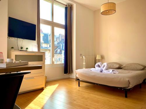 a bedroom with a bed and a large window at Les Fabuleux appartements du Coeur de ville - Place Victor Hugo in Besançon
