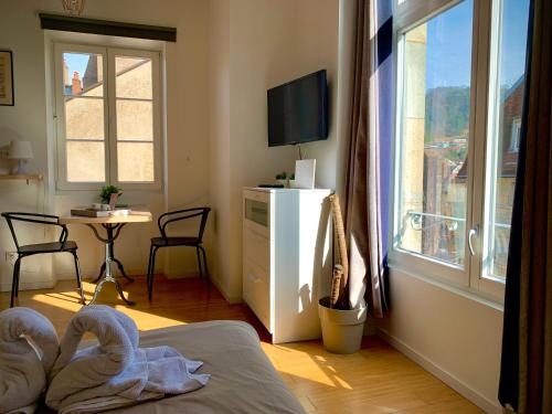 a room with a bed and a tv and a window at Les Fabuleux appartements du Coeur de ville - Place Victor Hugo in Besançon