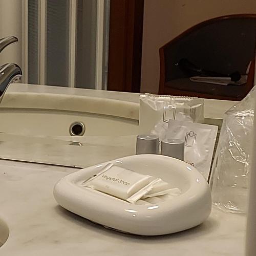 a white object sitting on top of a bathroom counter at Hotel Il Duca d'Este in Ferrara