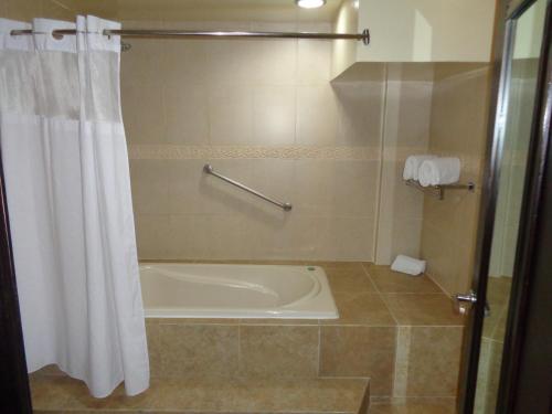 a bathroom with a tub and a shower curtain at Hípico inn Hotel in Poza Rica de Hidalgo