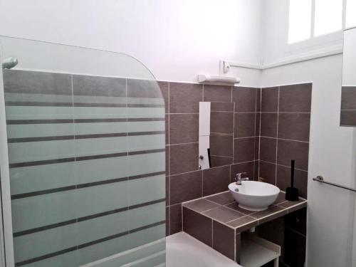 baño con lavabo y puerta de ducha acristalada en Appartement de 3 chambres avec wifi a Beaugency, en Beaugency