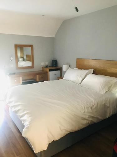 a bedroom with a large white bed and a mirror at Leanna's Lodge, Keshcarrigan in Leitrim