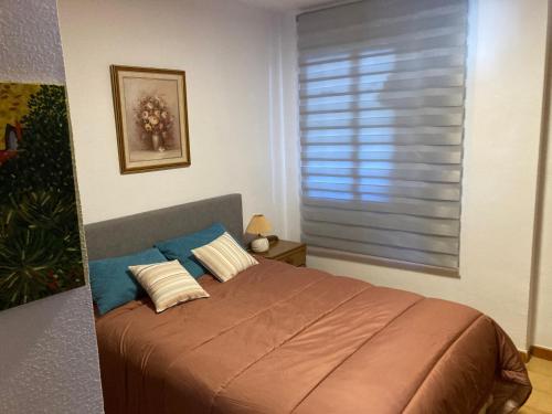 1 dormitorio con 1 cama con 2 almohadas y ventana en Apartamento La Piedra, en Matalascañas