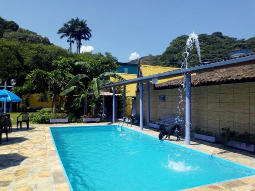 a pool with a dog and a fountain at Condomínio Sol Mar e Cia in Boicucanga