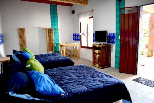 - une chambre avec 2 lits et une télévision dans l'établissement Ojo de Luna Teotitlan, à Teotitlán del Valle