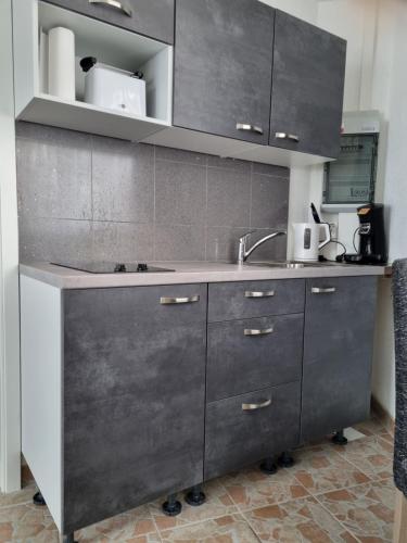 a kitchen with stainless steel cabinets and a sink at QM Apartment in Triberg