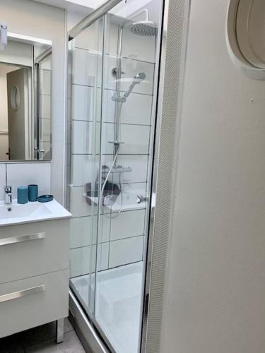 une salle de bain avec une douche en verre et un lavabo dans l'établissement Agréable maison de ville avec wifi tout à portée de main, au Tréport