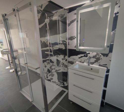 une salle de bain avec un lavabo et un miroir dans l'établissement Village Naturiste Coursive Port Nature 2 Vue Mer, au Cap d'Agde