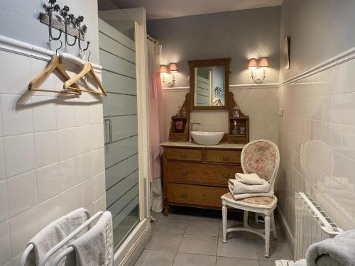 a bathroom with a sink and a mirror at Maison d'hôtes La Rose Laitière in Saint-Martin-sur-Écaillon