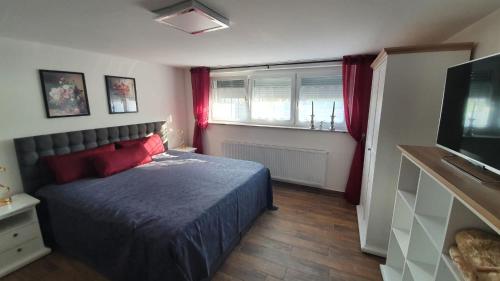 Schlafzimmer mit einem Bett mit roten Kissen und einem TV in der Unterkunft MF Manuele Ficano - Ferienwohnungen am Bodensee - Fewo Stella in Kressbronn am Bodensee