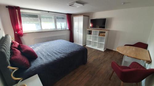 1 dormitorio con 1 cama, 1 mesa y 1 silla en MF Manuele Ficano - Ferienwohnungen am Bodensee - Fewo Stella en Kressbronn am Bodensee