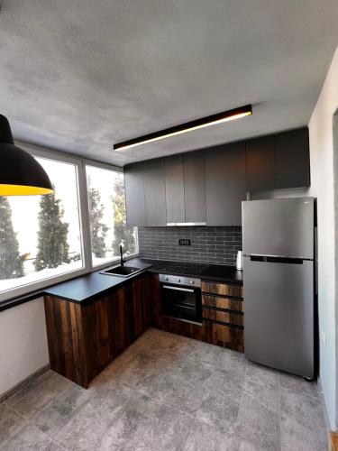 a kitchen with a stainless steel refrigerator and windows at Mount House Mavrovo in Mavrovo