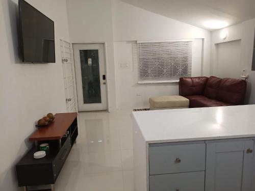 a living room with a couch and a television in it at Joy Estate Rooftop Pool n View unit #1 in Falmouth