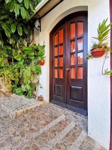 a wooden door of a house with plants at Hotel Casa de la Tía Tere in Oaxaca City
