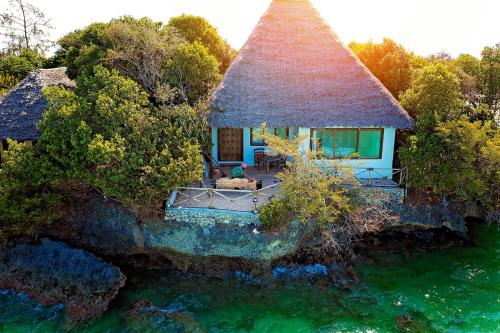 an island house with a thatched roof on a body of water at The Island - Pongwe Lodge in Pongwe