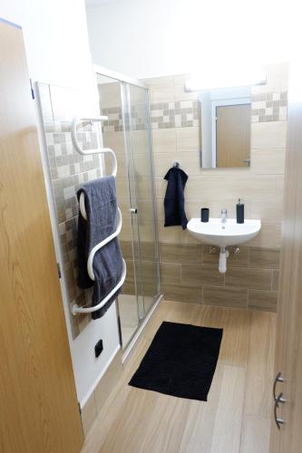 een badkamer met een douche en een wastafel bij Ubytování Česká Kanada in Kunžak