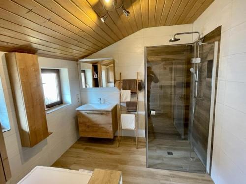 a bathroom with a shower and a sink at Kleines Häuschen mit Bergblick in Eschenlohe