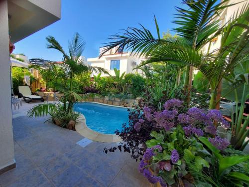 uma piscina num quintal com árvores e plantas em Charming 3-Bed Villa in Protaras with heated pool em Protaras