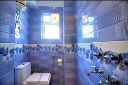 niebieska łazienka z toaletą i umywalką w obiekcie Hotel Ark Avalon- Delhi International Airport w Nowym Delhi