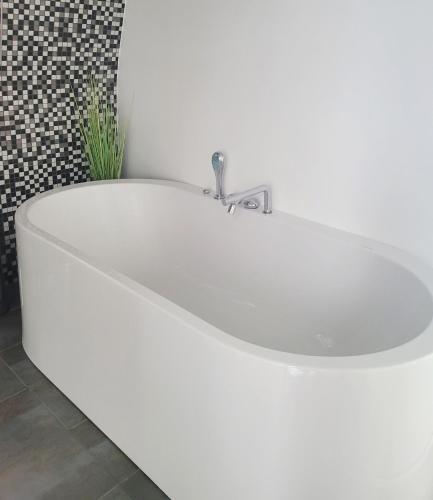 a white sink in a bathroom with a plant at schwimmendes Ferienhaus Silent in Elsterheide