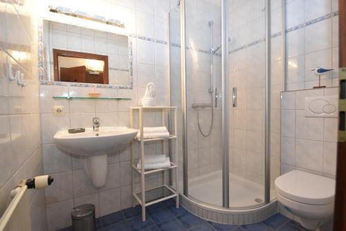 uma casa de banho com um chuveiro, um lavatório e um WC. em fewo1846 Strandresidenz Wassersleben - Foerdeblick II - Studioapartment am Strand em Harrislee