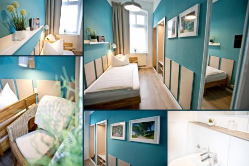 a collage of photos of a room with blue walls at Stadtvilla Dessau in Dessau